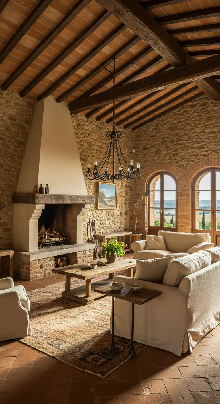 Tuscan living room with stone fireplace, wood beams, and cream sofas.
