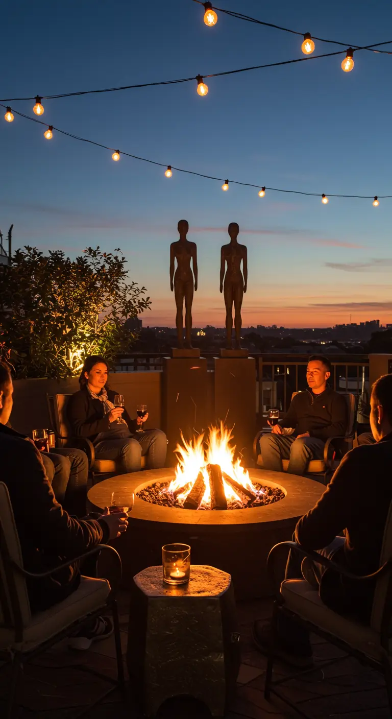 People gathered around a warm fire pit on a rooftop at dusk, under string lights.