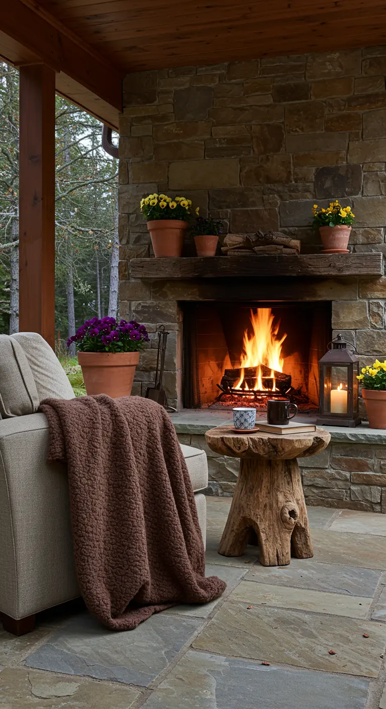 A rustic stone outdoor fireplace with a cozy chair, brown sherpa blanket, and potted flowers.
