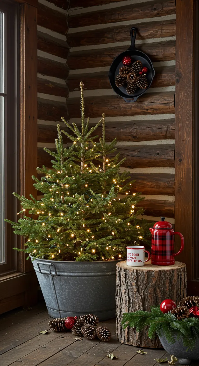 A Christmas tree in a wash tub on a log cabin porch with a thermos.