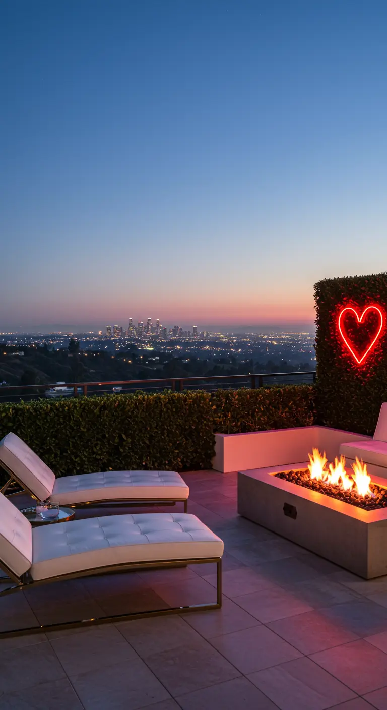 A modern patio with white loungers, a fire pit, and a red neon heart on a hedge wall.