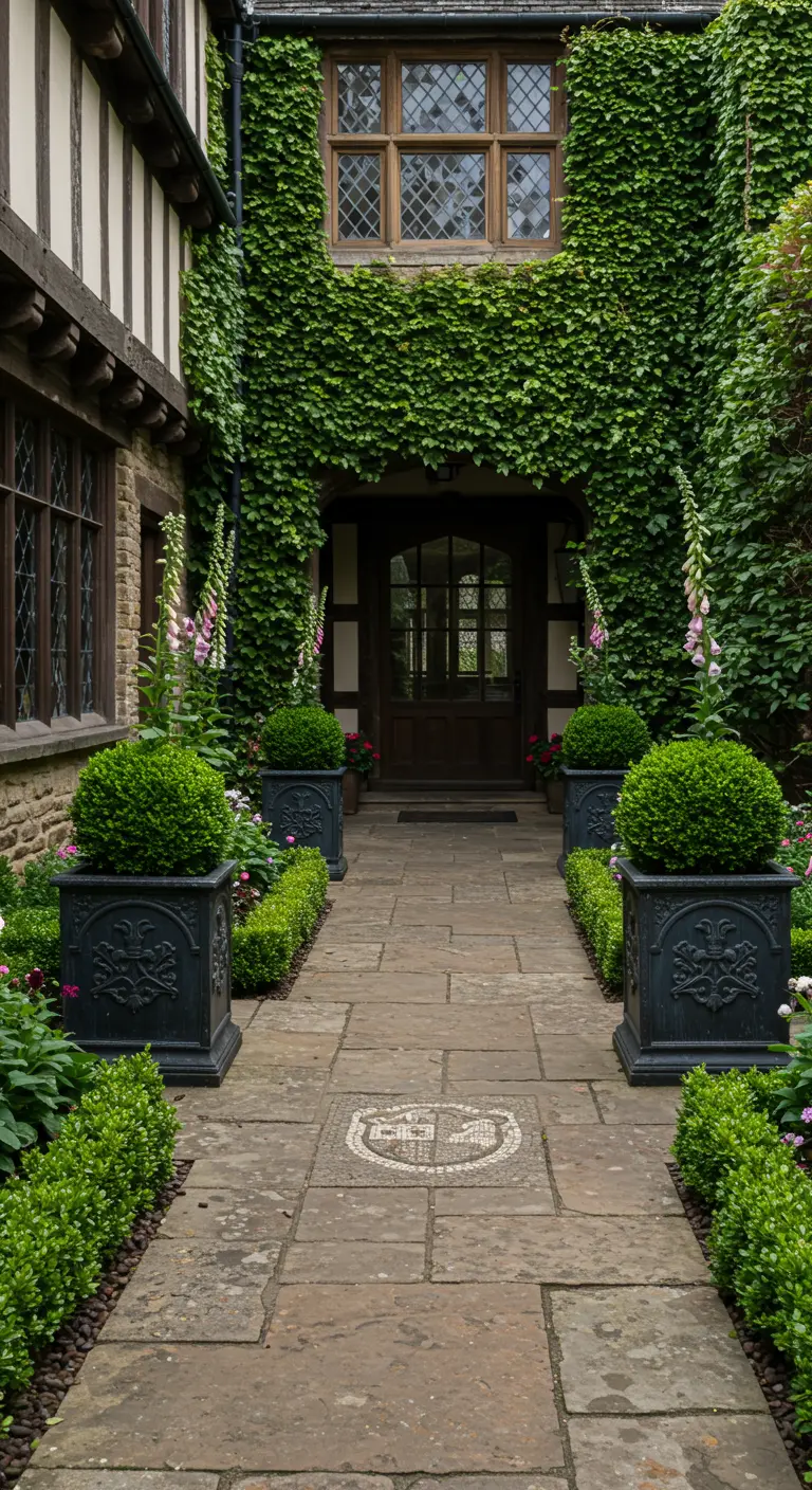 Stone pathway leading to a dark wood door, flanked by boxwood topiaries in black urns.