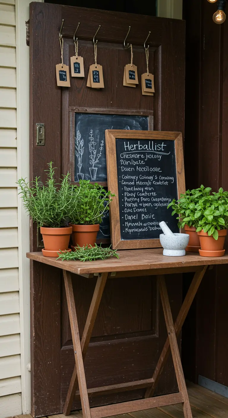 A dark wood door potting station styled as an herbalist's corner with potted herbs and chalkboards.
