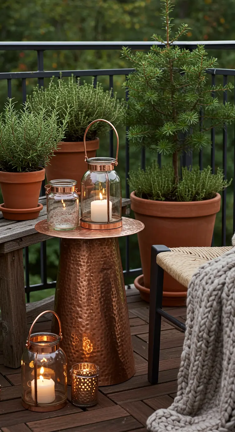 A balcony corner filled with herbs in terracotta pots and a collection of copper lanterns.