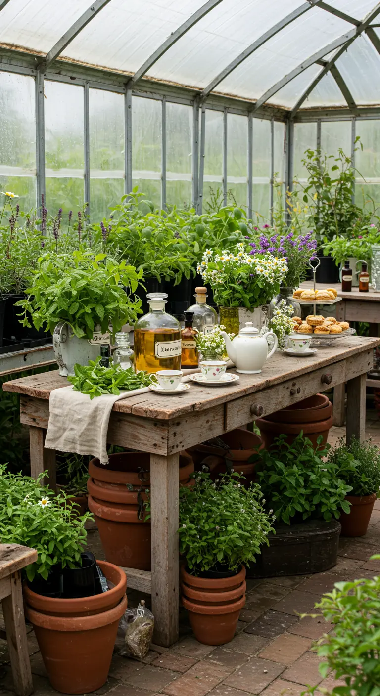 A rustic tea party set on a potting bench, surrounded by pots of fresh herbs.