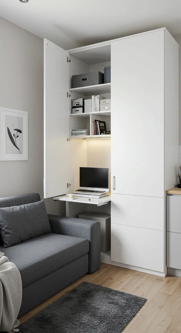 A white cabinet opened to reveal a compact home office with a laptop and shelves.