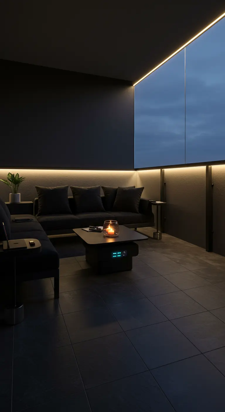 A modern, dark balcony with a black sofa and soft, glowing light from hidden LED strips.