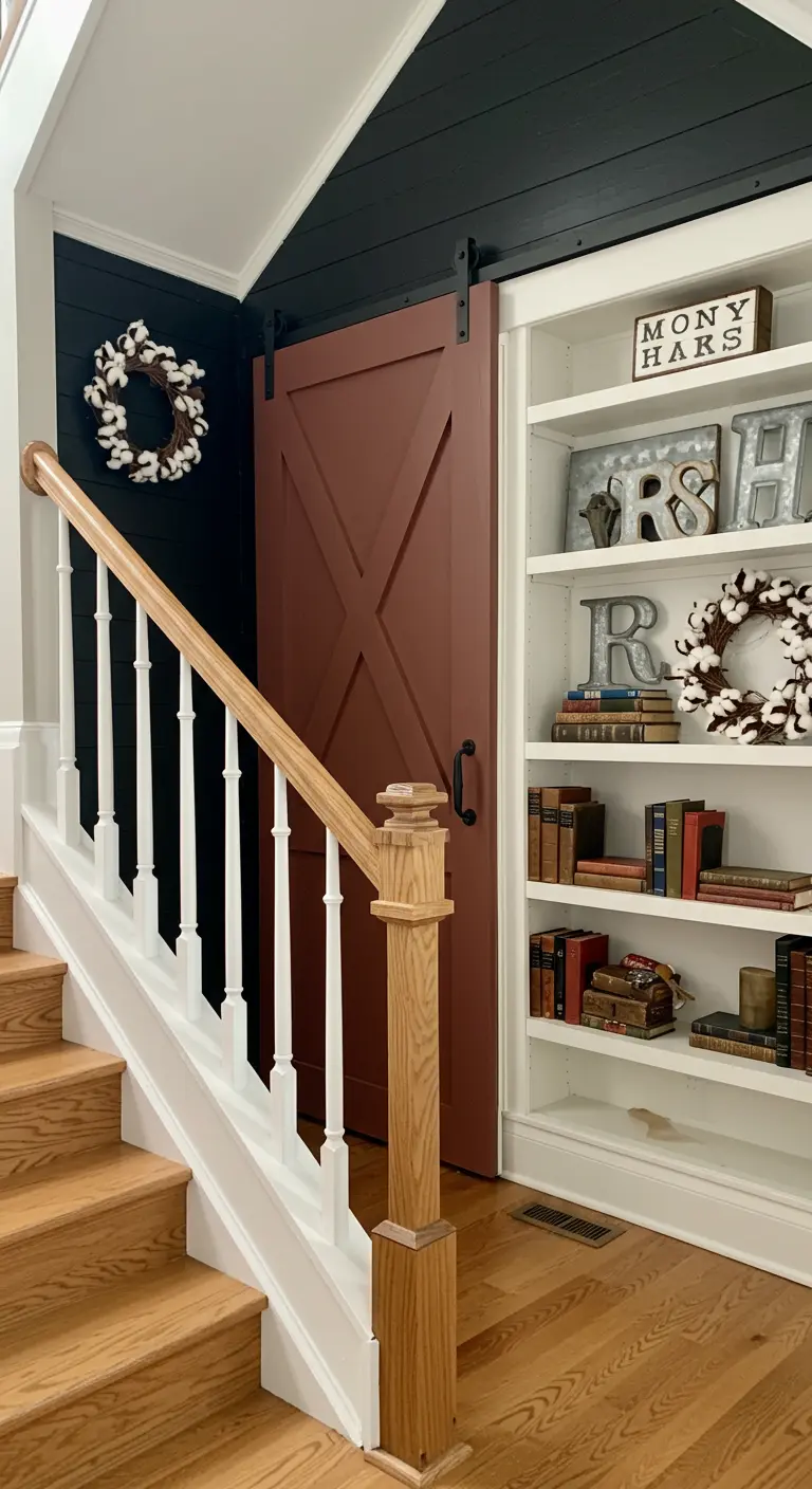 A modern farmhouse nook with a sliding barn door covering a space next to white bookshelves.