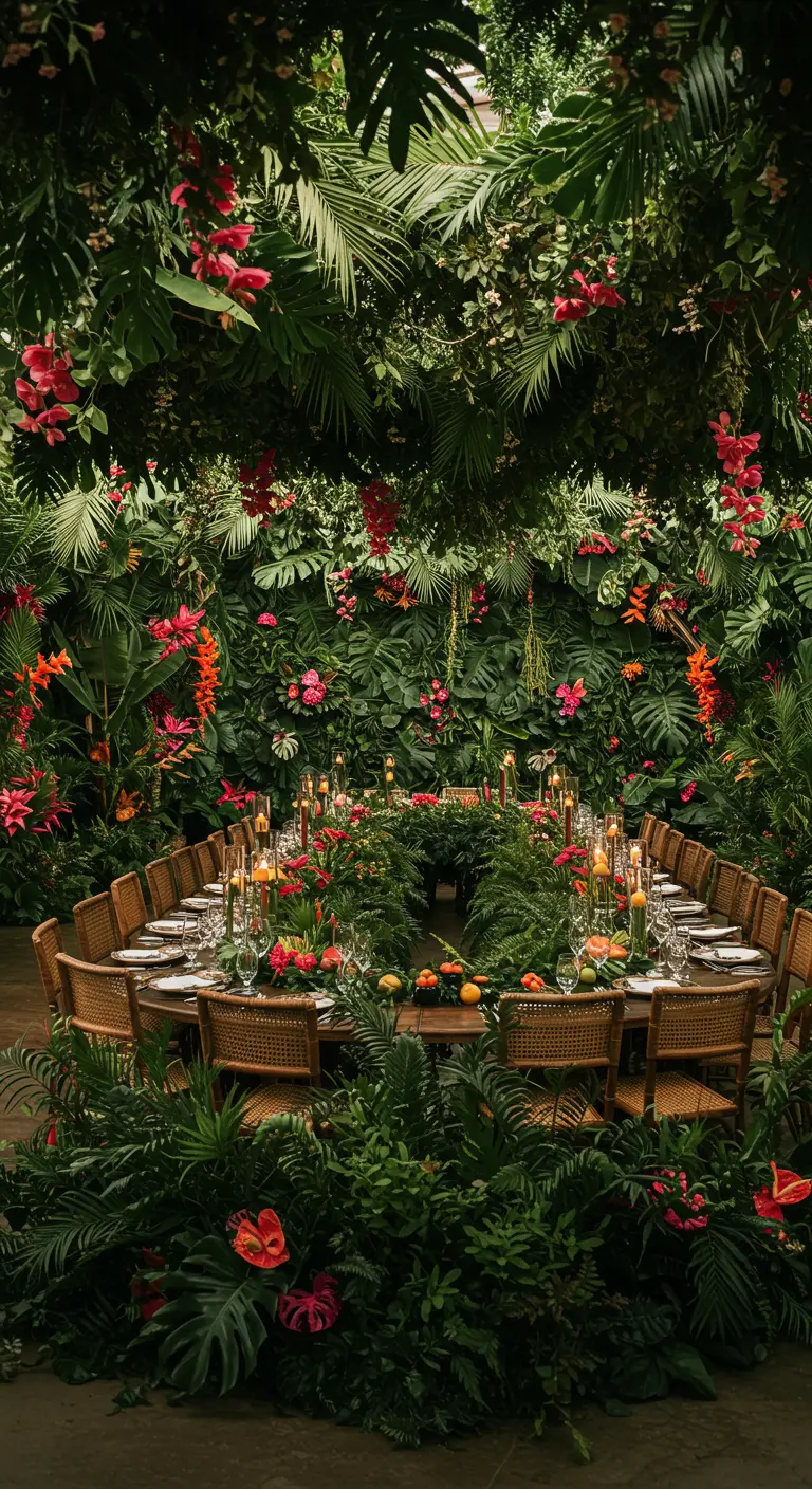 A round dining table completely surrounded by dense, lush tropical foliage and bright flowers.