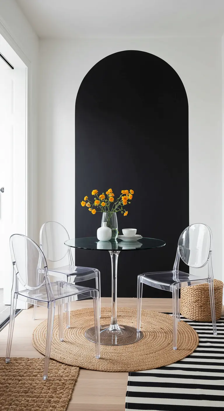 A black painted arch on a white wall behind a glass dining table with clear acrylic chairs.