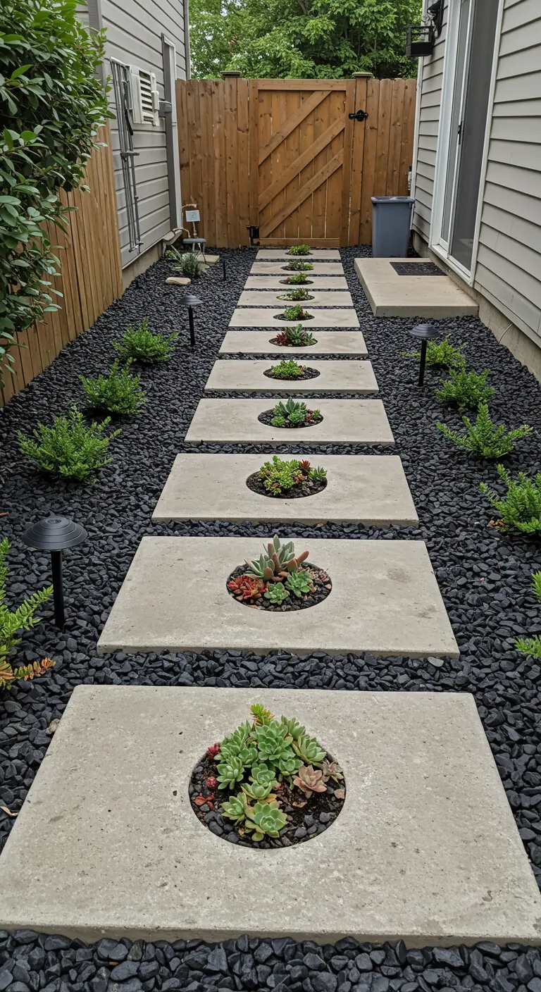 A narrow path with light concrete pavers and succulent centers, set in black lava rock.