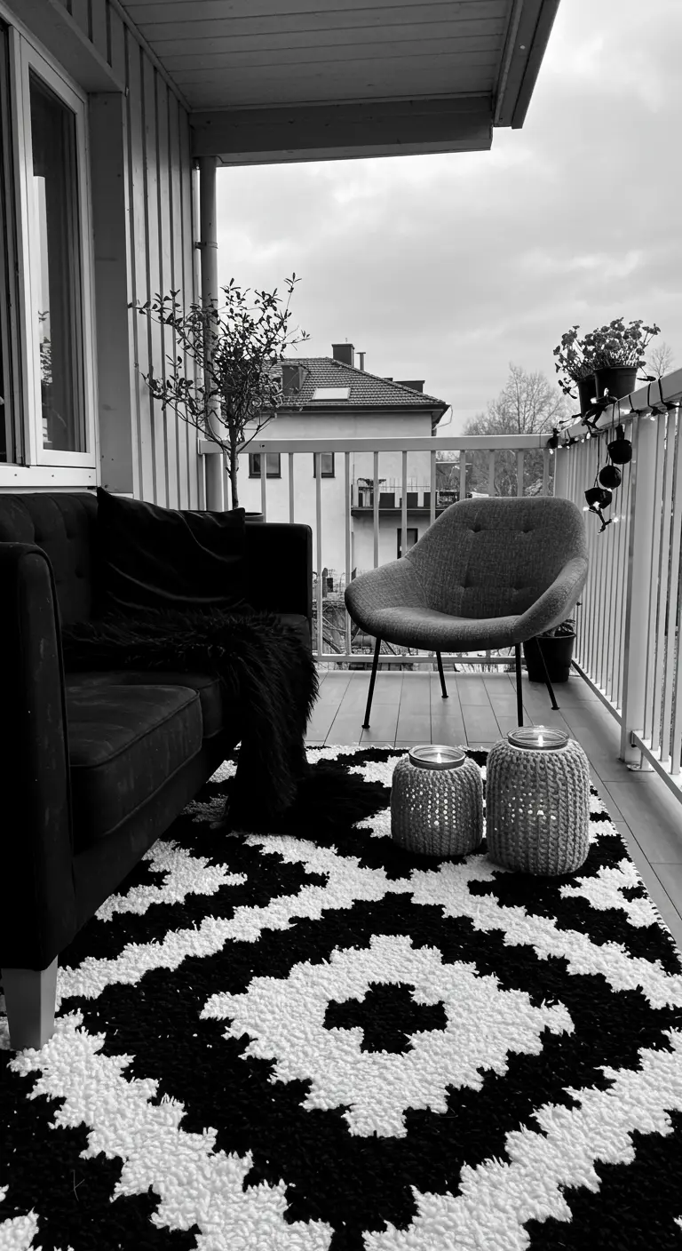 A balcony with a black sofa, a plush black-and-white patterned rug, and woven candle holders.