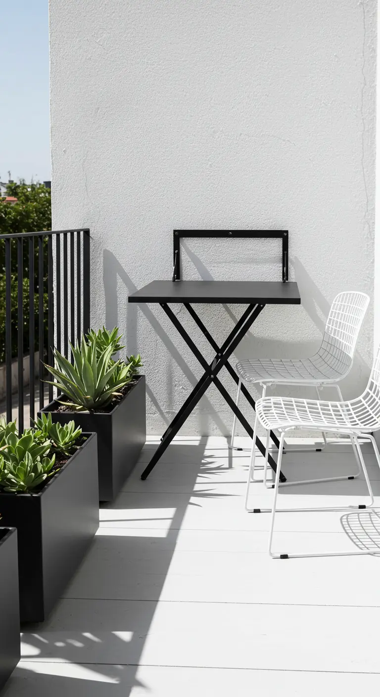 A stark minimalist balcony with a black table, white wire chairs, and black planters with succulents.