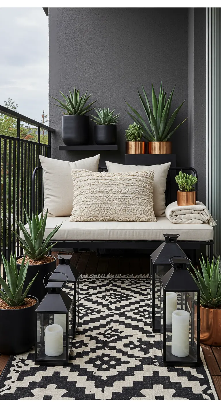 A modern balcony with a black and white geometric rug, black furniture, and copper planters.