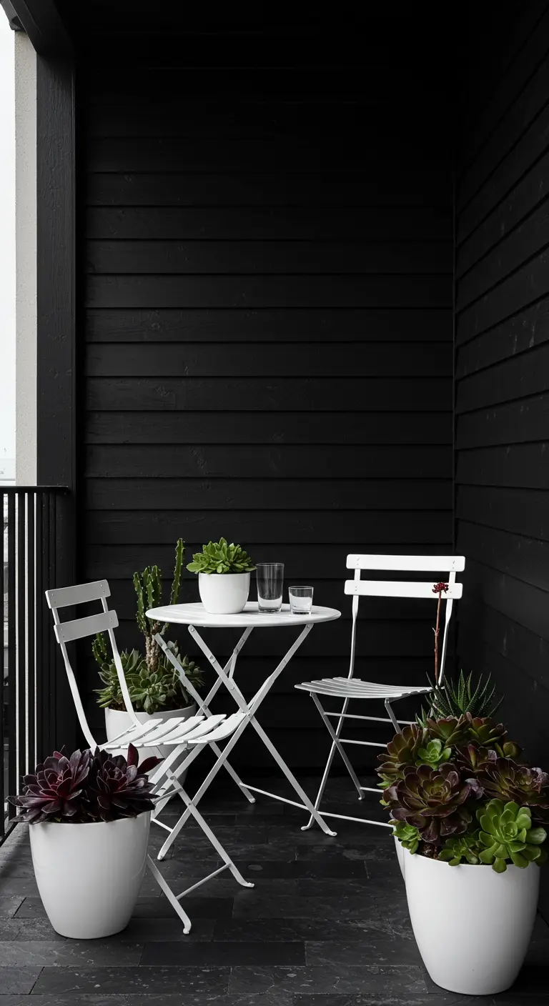 A crisp white bistro set stands out against a dramatic black-painted wood wall on a balcony.