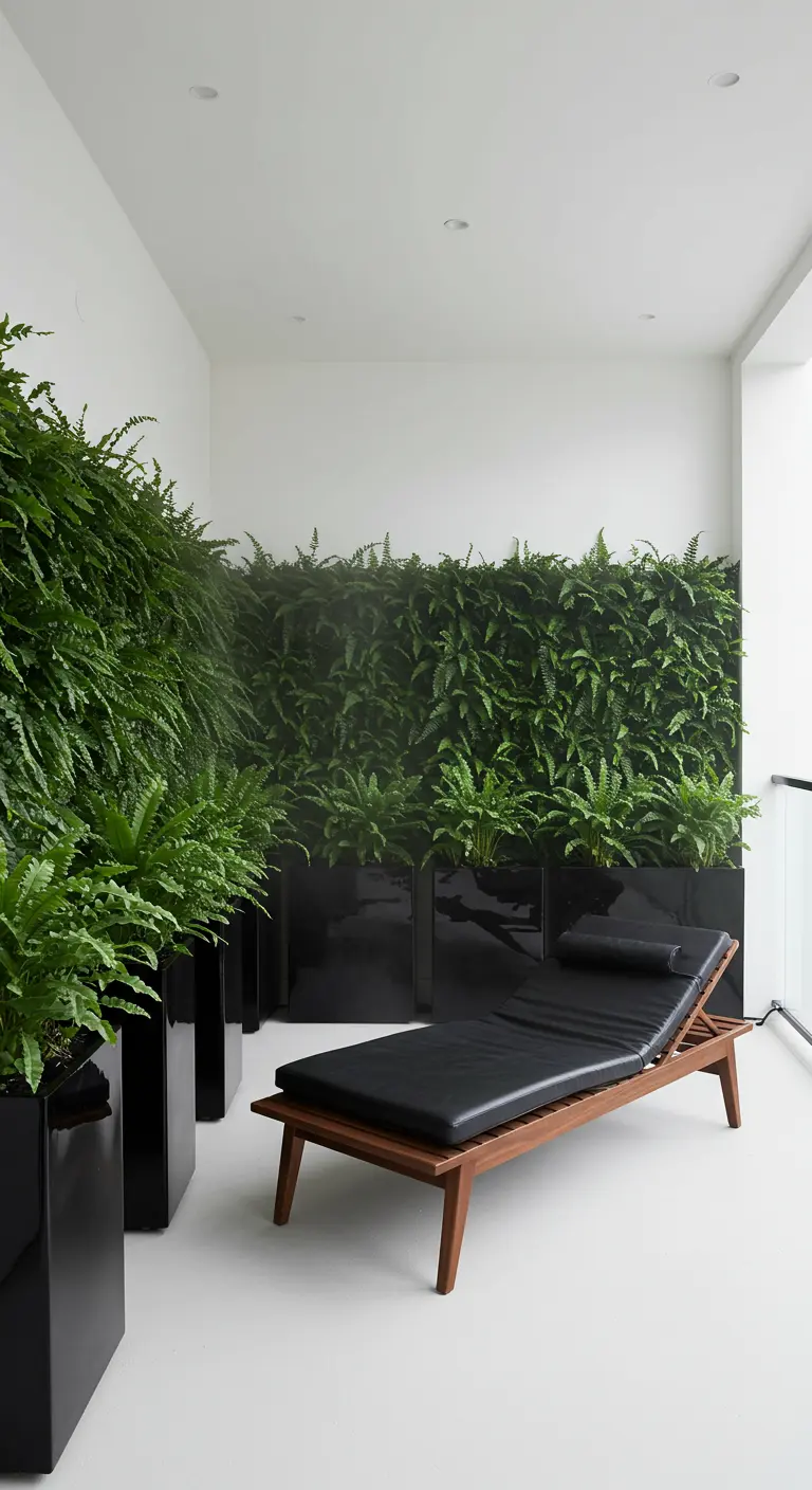 A minimalist white balcony with tall black planters filled with ferns and a modern lounger.