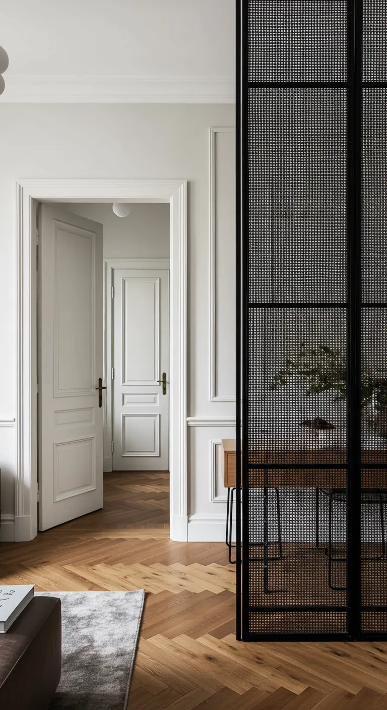 A black-framed cane screen partitions a hallway with herringbone wood floors.