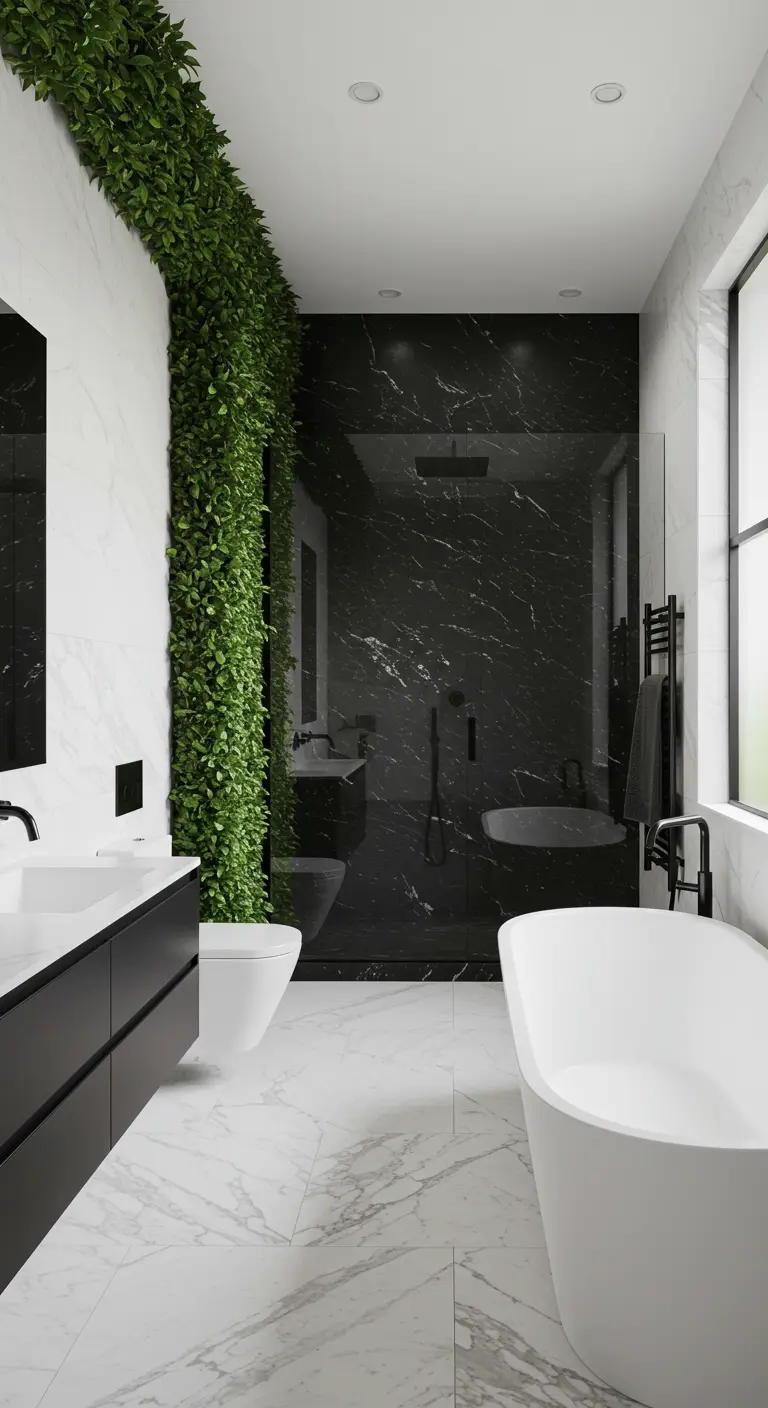 Black and white marble bathroom with a simple vine of ivy trailing down one wall.