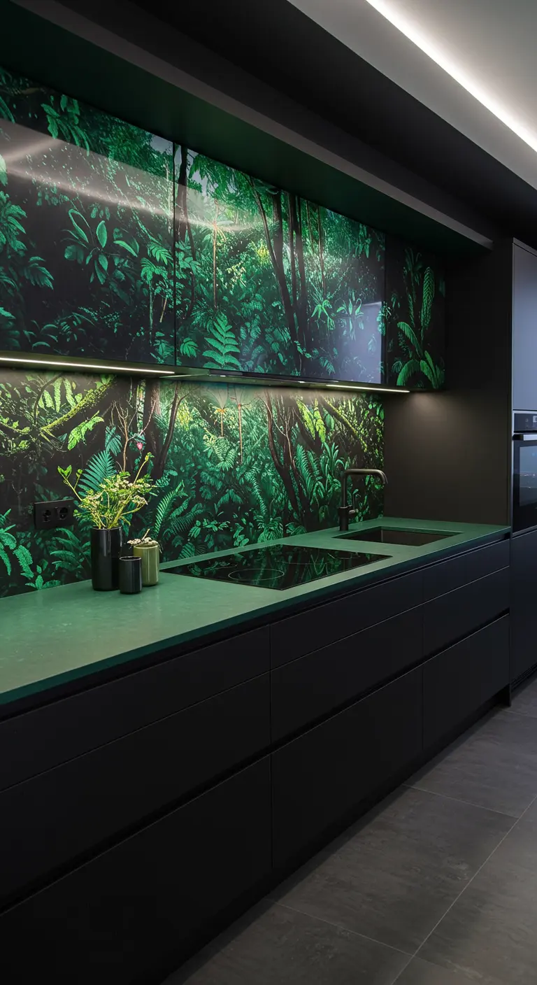 Modern kitchen with black cabinets and a high-gloss jungle print on the backsplash and uppers.