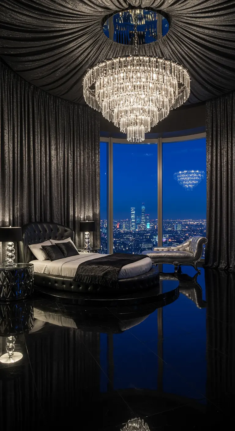 Luxury bedroom with a round bed, high-gloss floor, and dramatic draping.