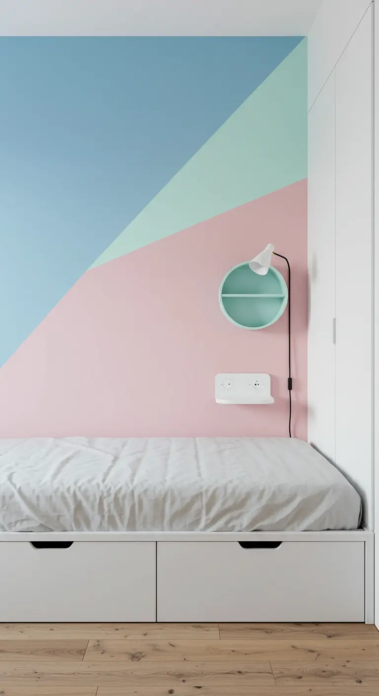 Minimalist bedroom with a geometric pink, blue, and mint green painted wall feature.