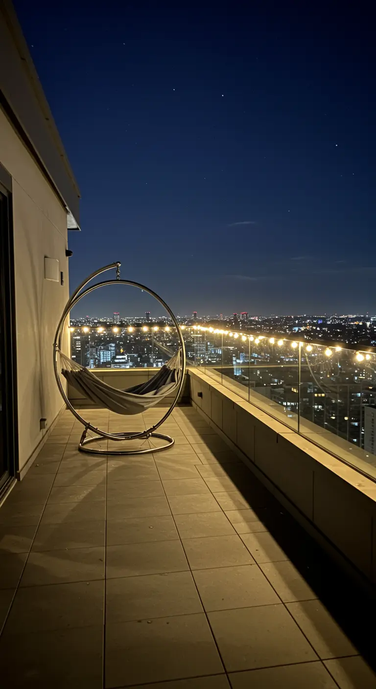 A hammock on a sleek, circular metal stand on a high-rise balcony at night, overlooking city lights.