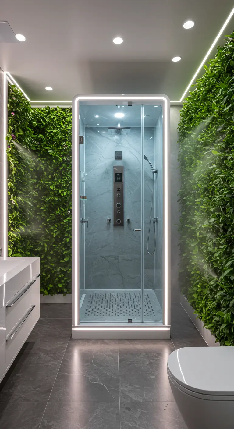 Futuristic bathroom with a high-tech shower pod between two living walls.