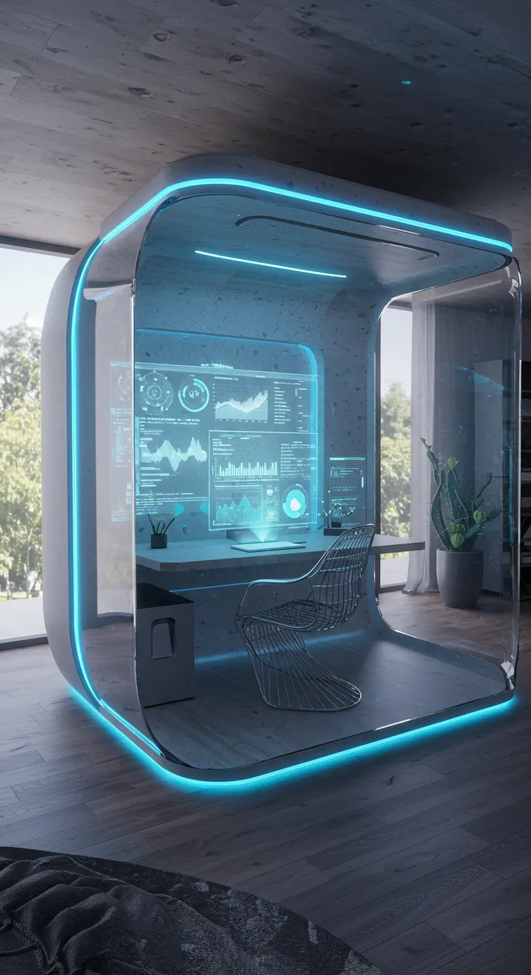 A futuristic glass and concrete home office pod with blue LED trim and a holographic display.
