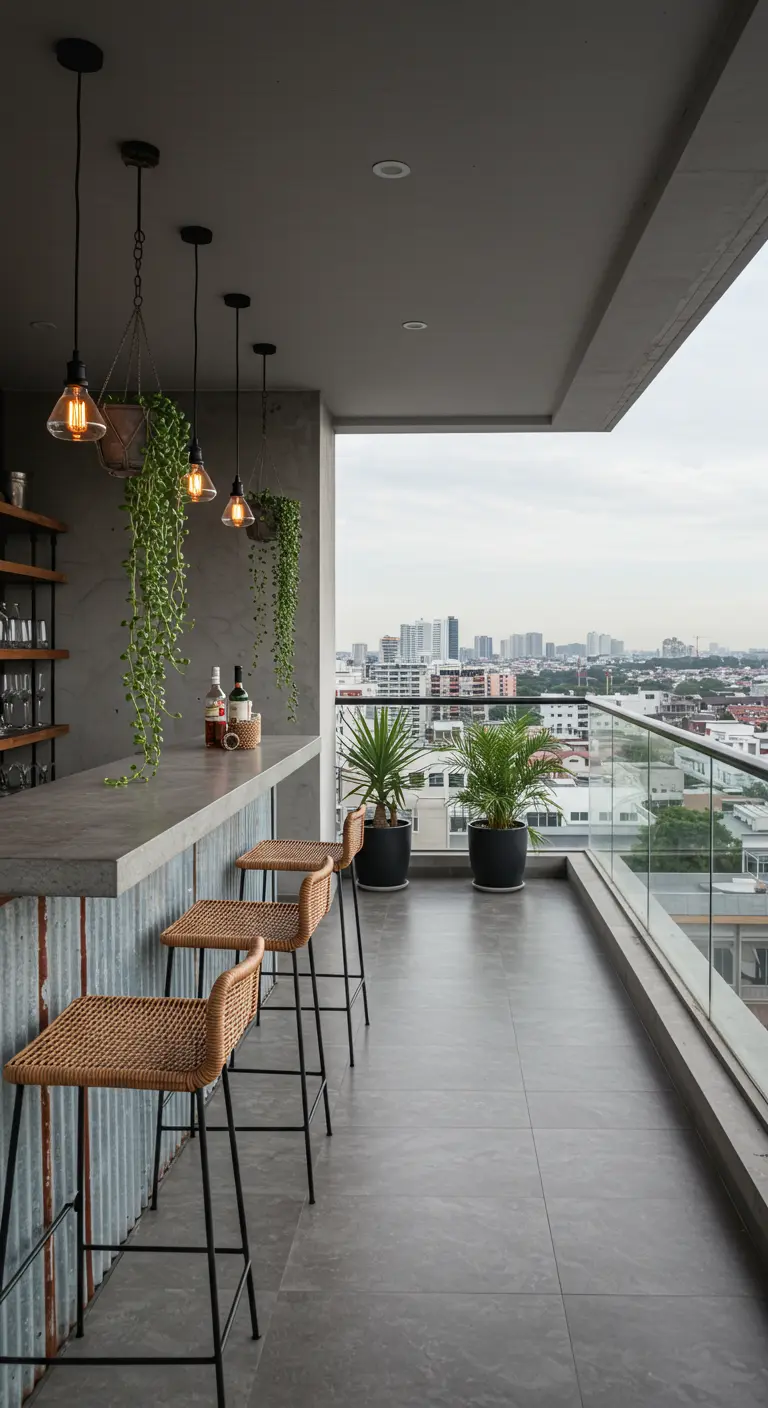 A modern balcony bar with a concrete top, woven stools, and a view of the city.