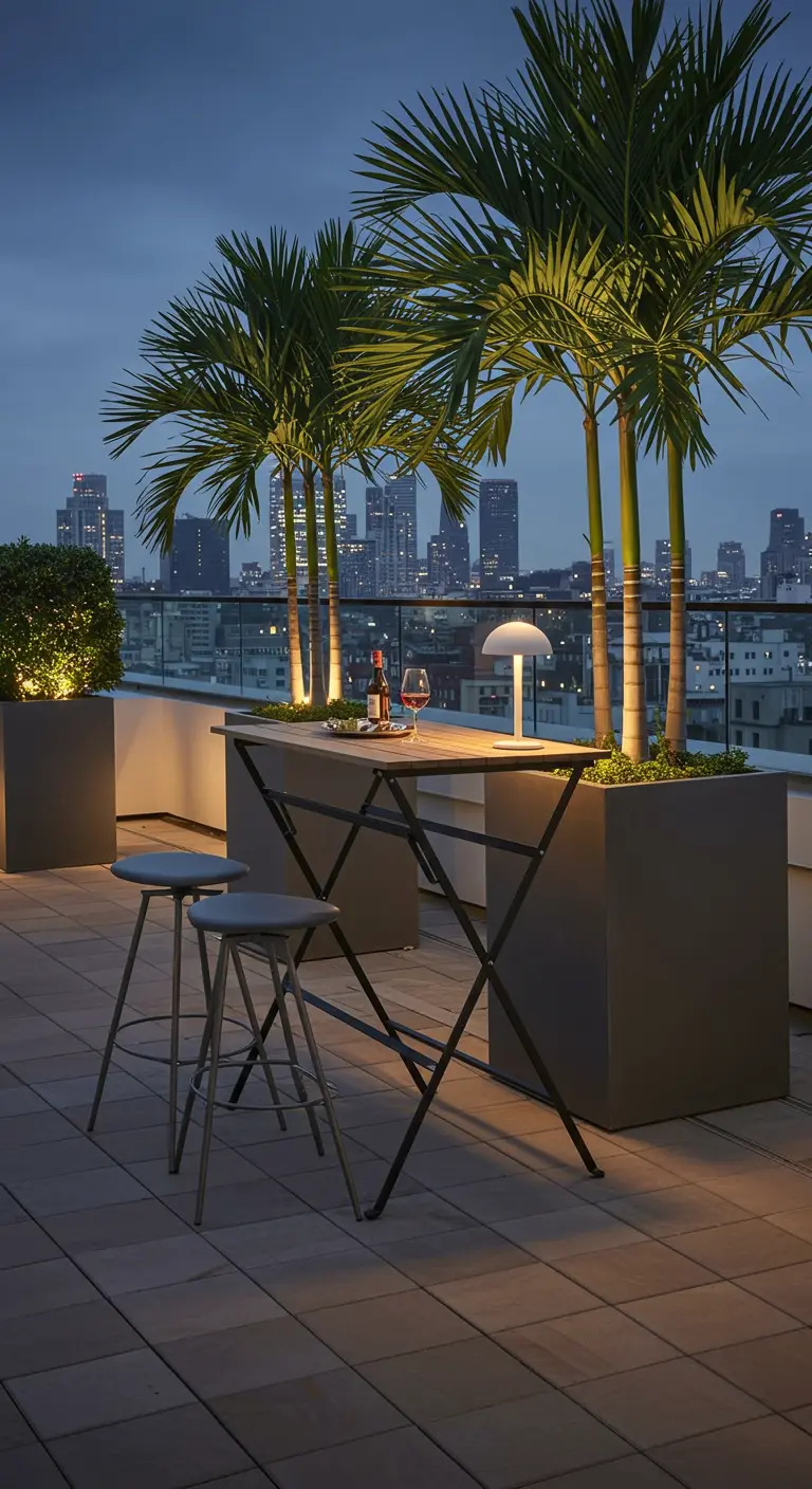 A rooftop bar setup with a table resting on two large planters with palm trees.