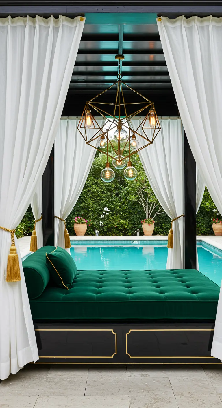 A glam poolside daybed with an emerald green cushion, white curtains, and a gold chandelier.