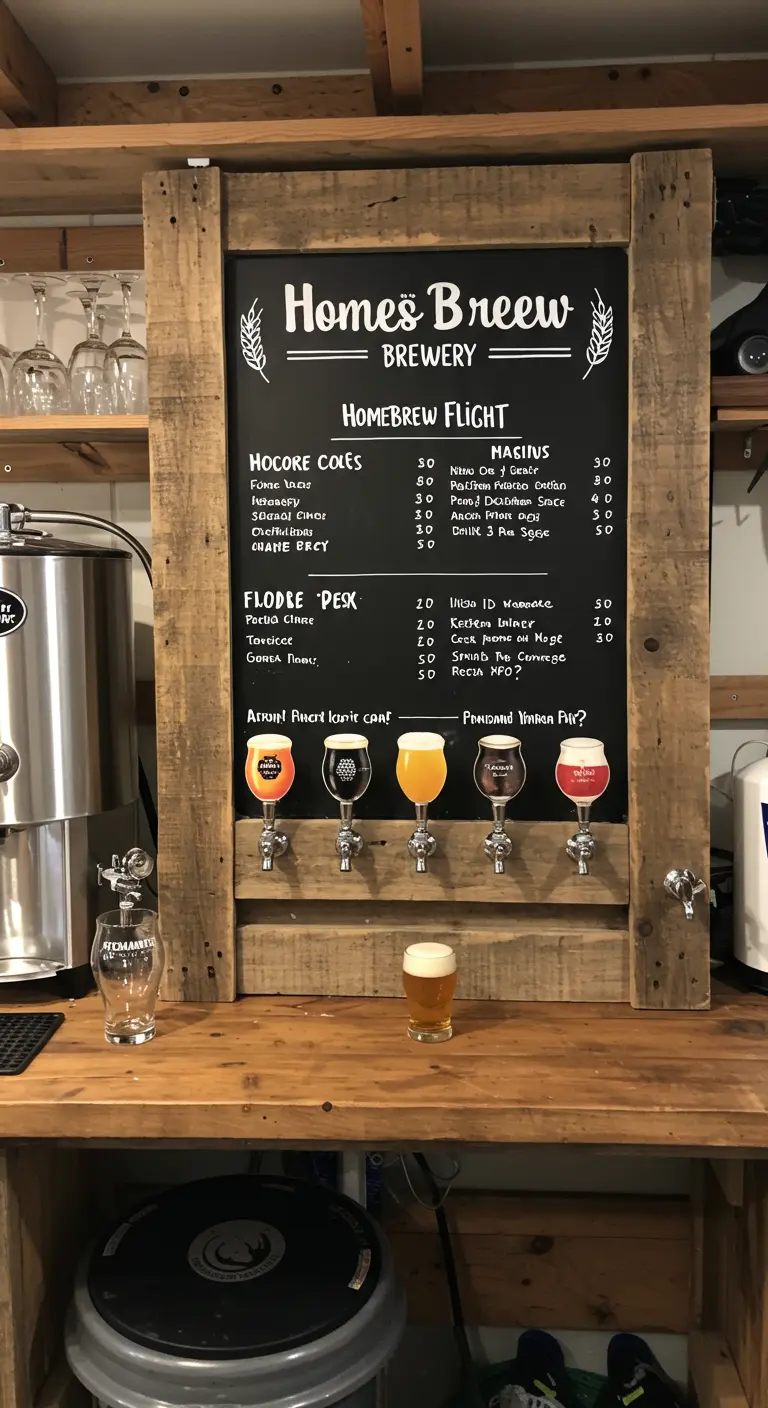 A home brewery chalkboard menu with beer taps installed below it.
