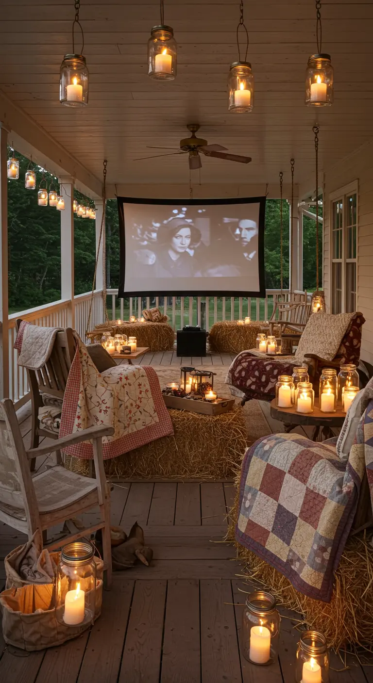 A country porch decorated for a movie night with hay bale seats covered in quilts and mason jar lights.