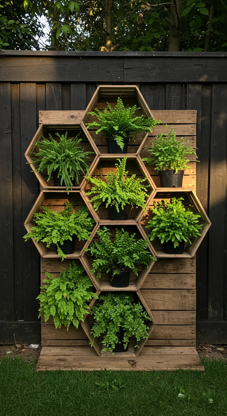 A wall-mounted honeycomb-shaped wooden shelf holding various potted ferns against a black fence.