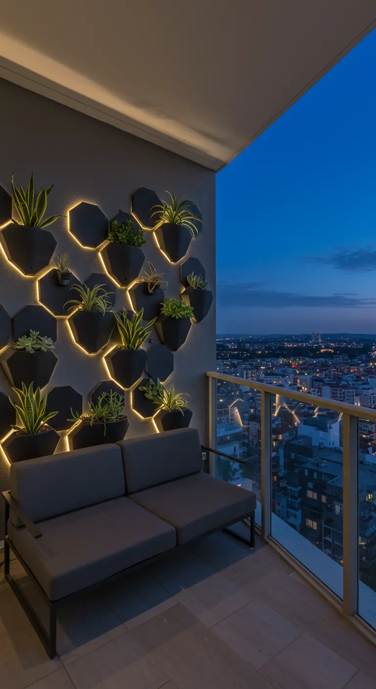 A modern balcony wall with backlit hexagonal planters holding succulents at dusk.