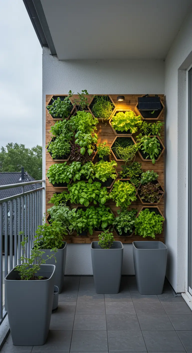 A vertical garden on a balcony made of interconnected hexagonal wooden planters filled with herbs.