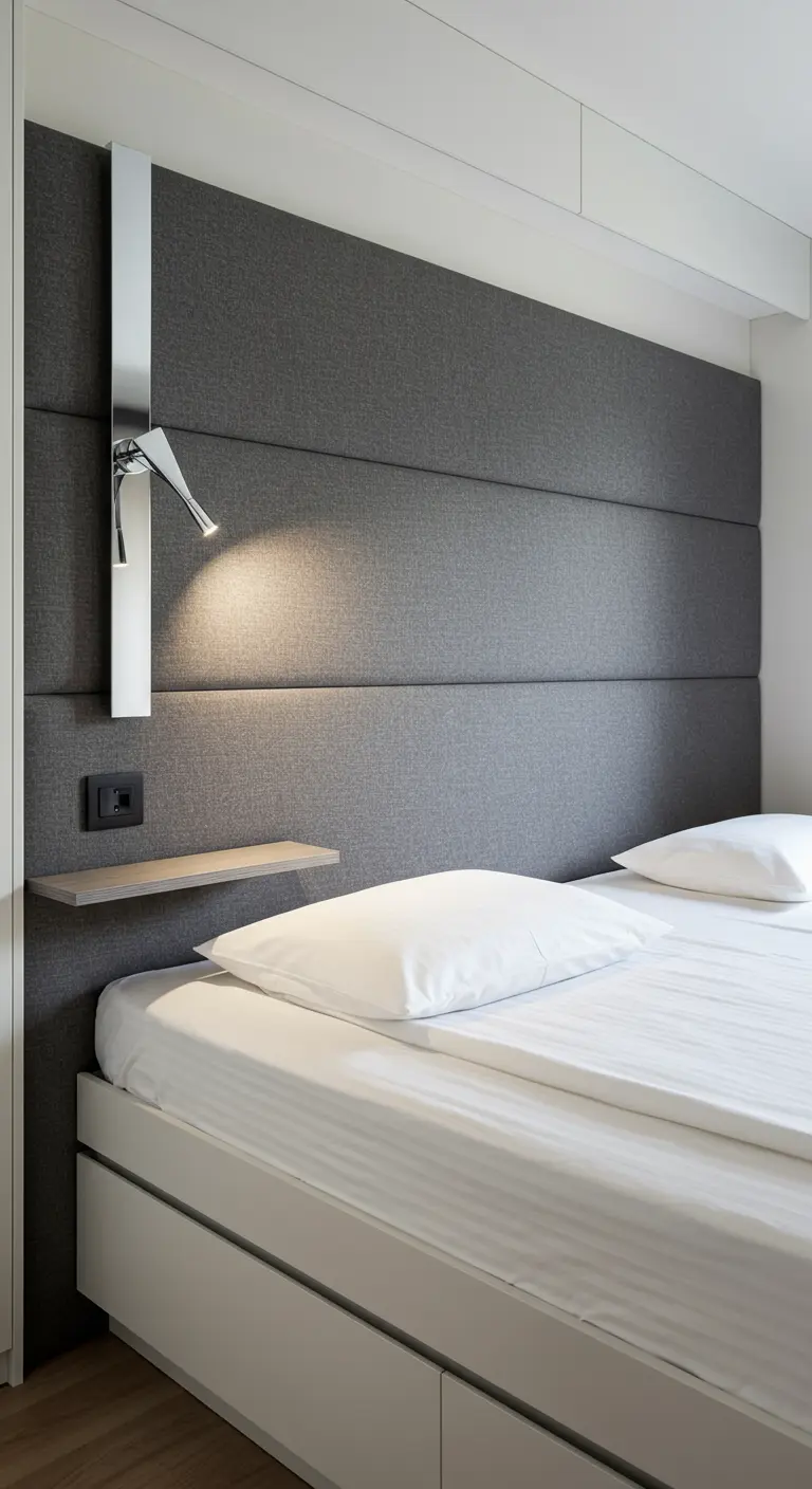 Modern bedroom with a gray upholstered wall, a small floating shelf, and a chrome sconce.