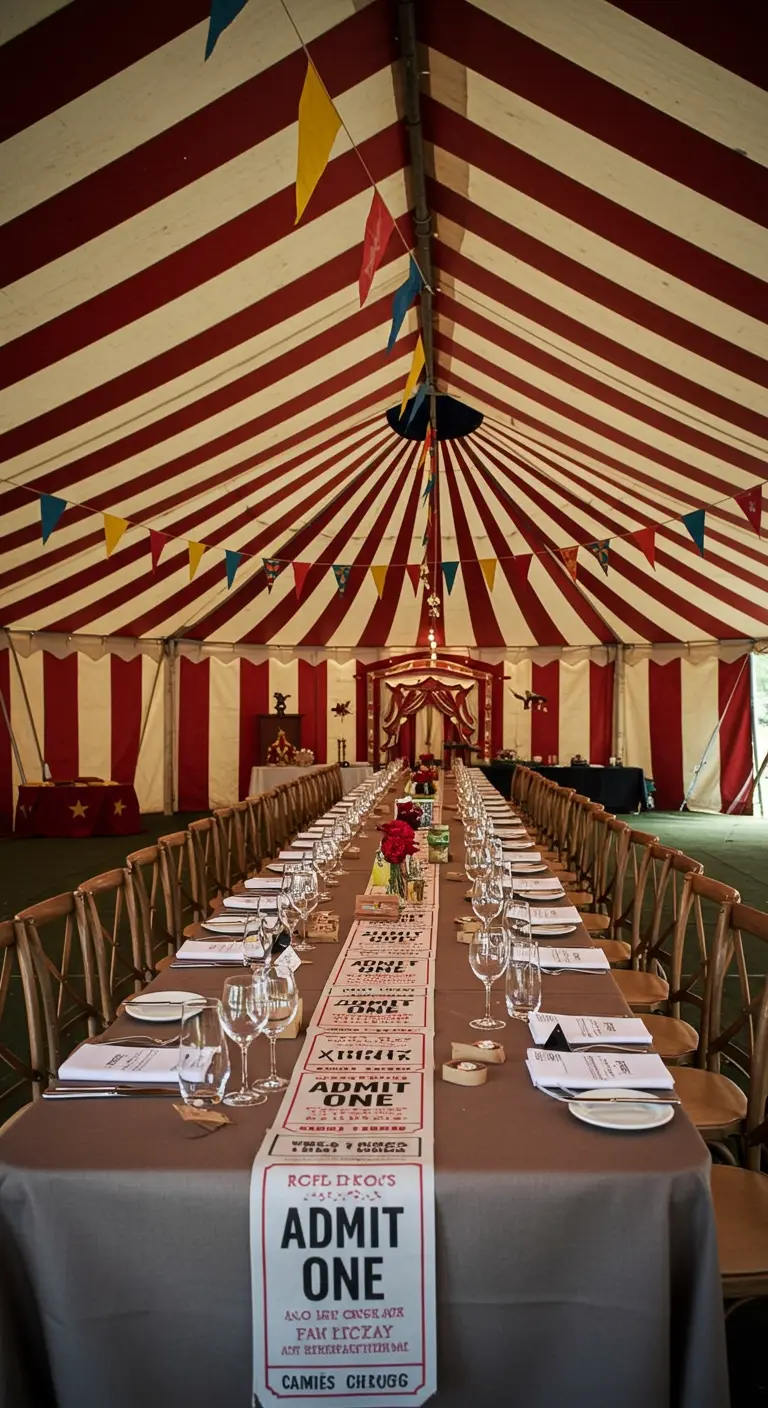 Long dining table in a tent with an 'Admit One' ticket table runner.