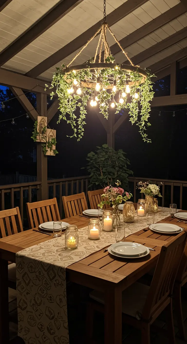 DIY wagon wheel chandelier with ivy and string lights over a patio dining table.