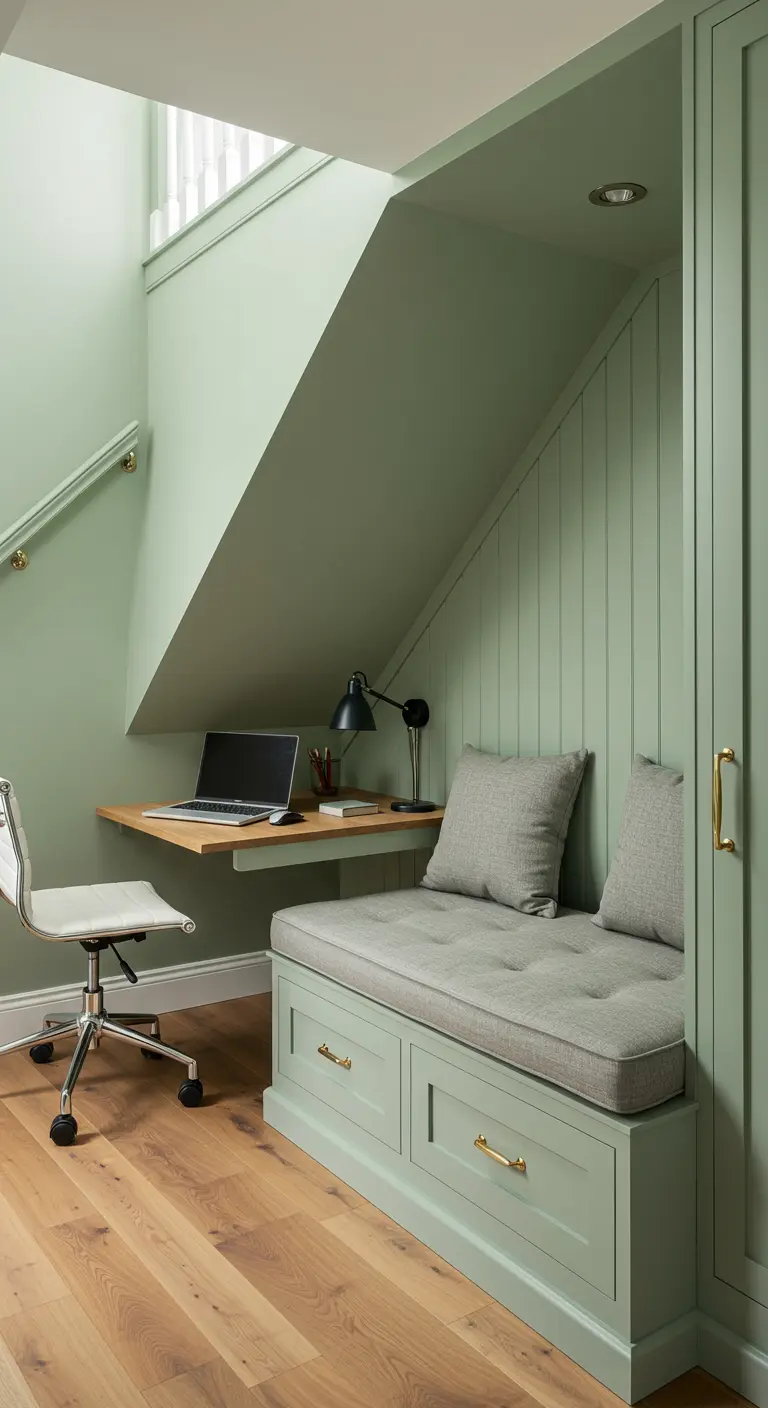 A sage green under-stair nook with a small desk on one side and a cushioned bench on the other.