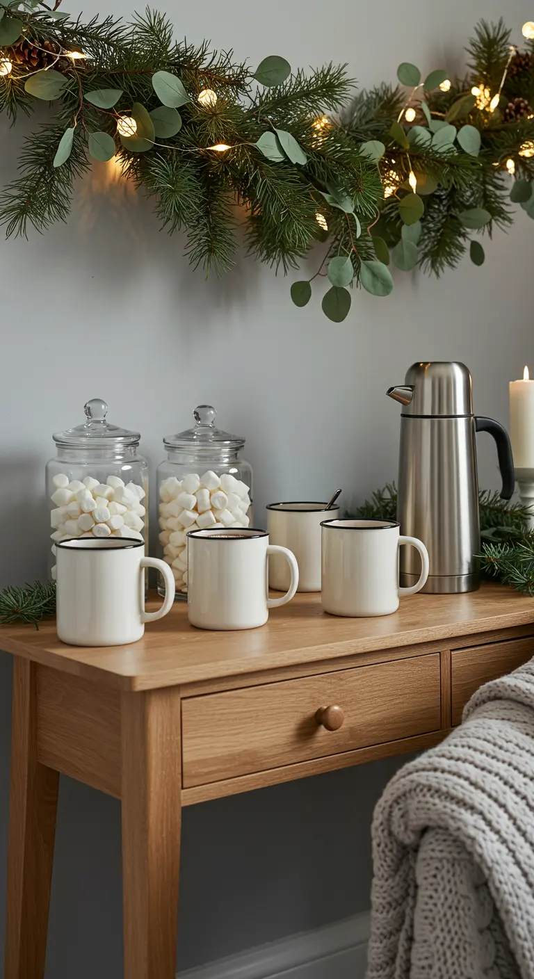 Scandinavian hot chocolate station with mugs, marshmallows, and an evergreen garland.