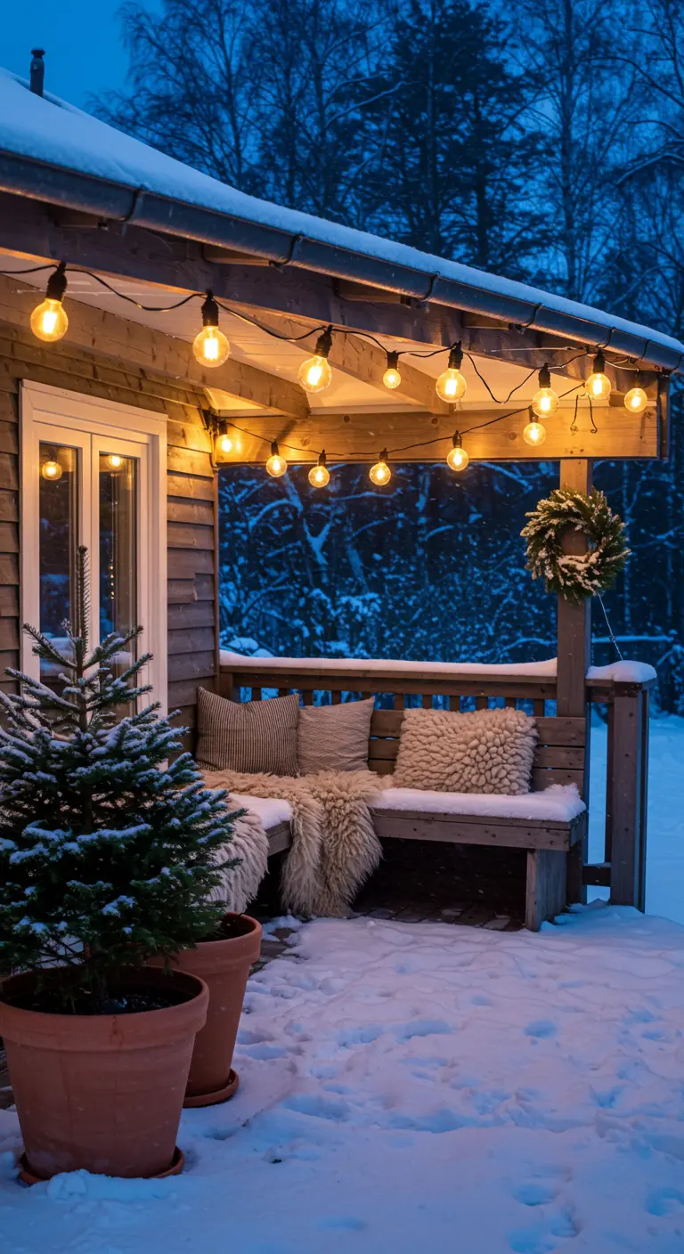 Snowy porch with a wooden bench, cozy throws, and glowing string lights.