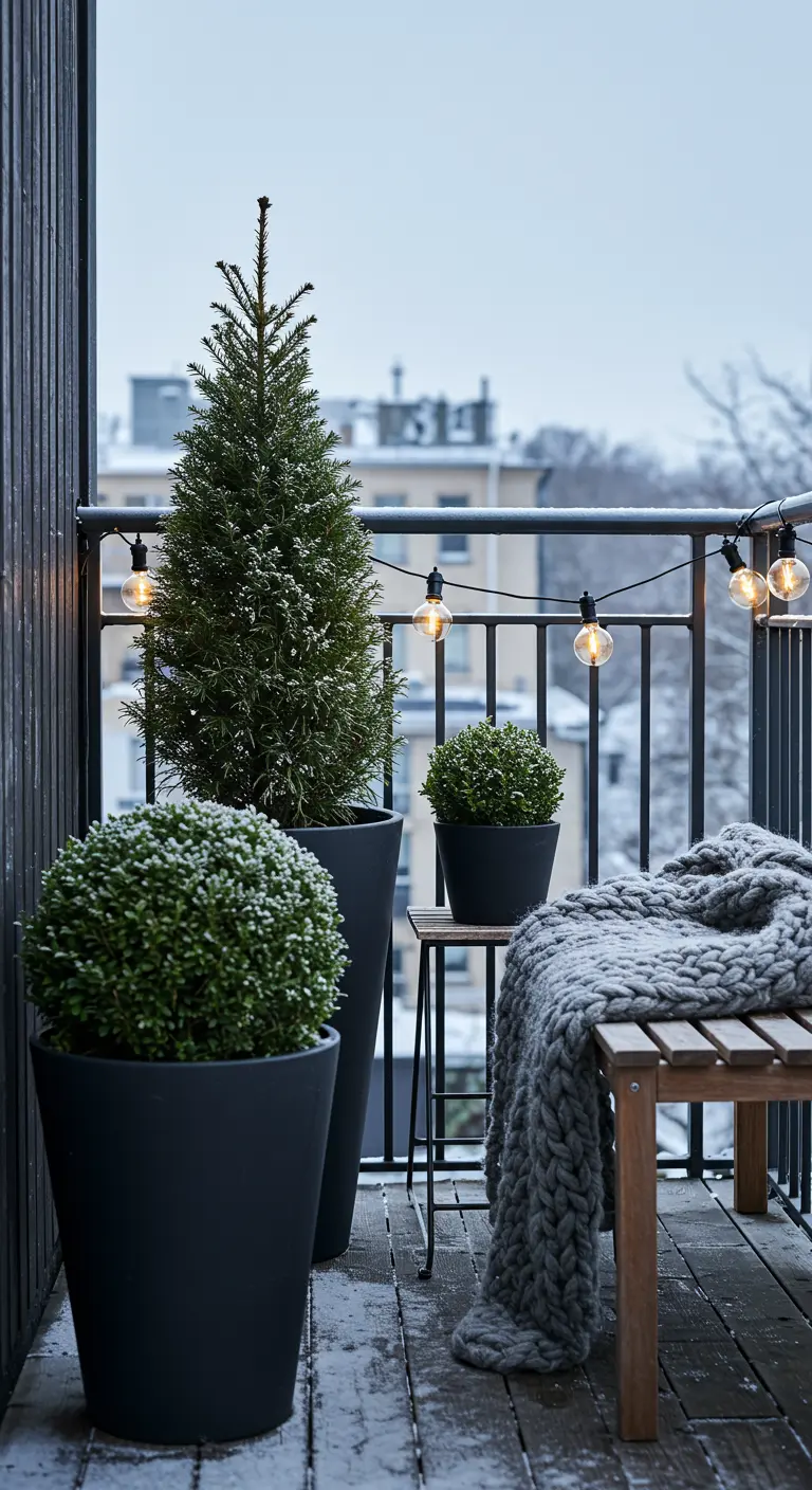 Snow-dusted conifers in black planters on a balcony with a gray throw blanket.