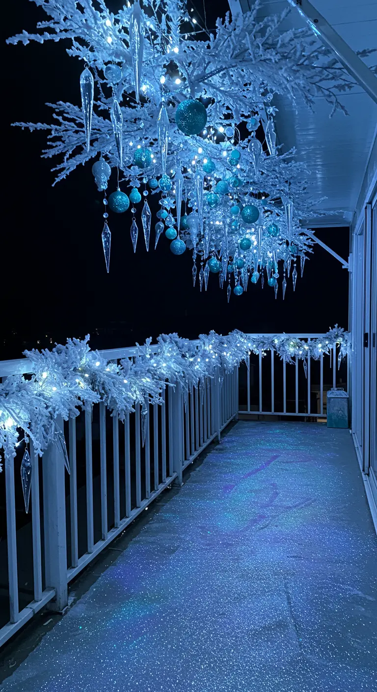 Balcony ceiling covered in white branches, icicles, and turquoise baubles.