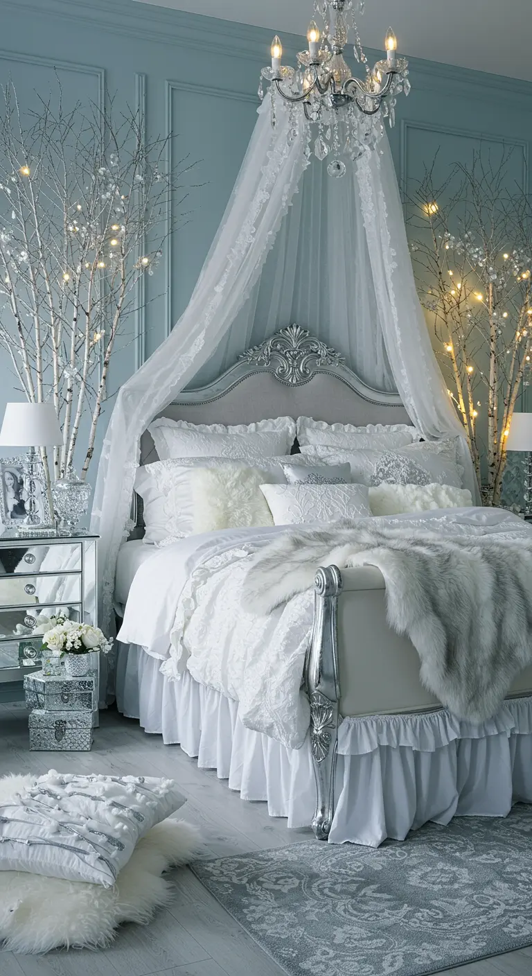 Elegant bedroom with a silver bed, white canopy, and lighted birch branches.