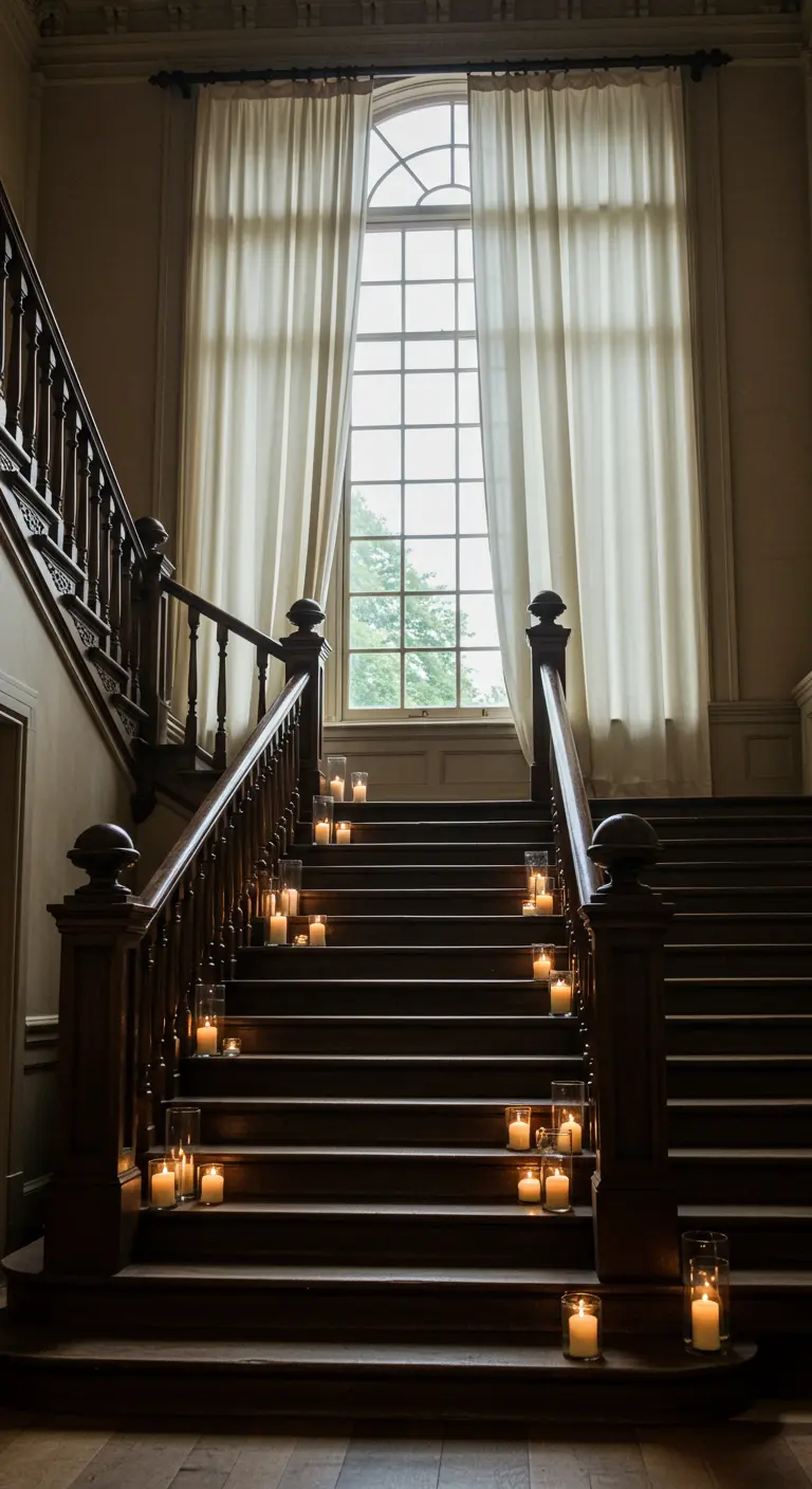 A grand wooden staircase with candles in glass holders placed on the steps.