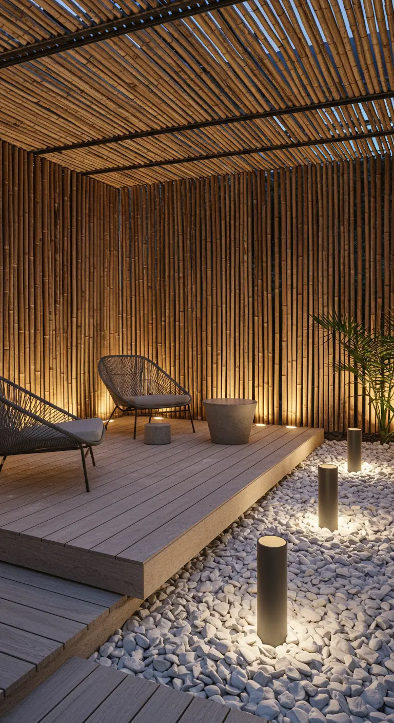 Modern deck with chairs and uplighting illuminating a tall bamboo fence.