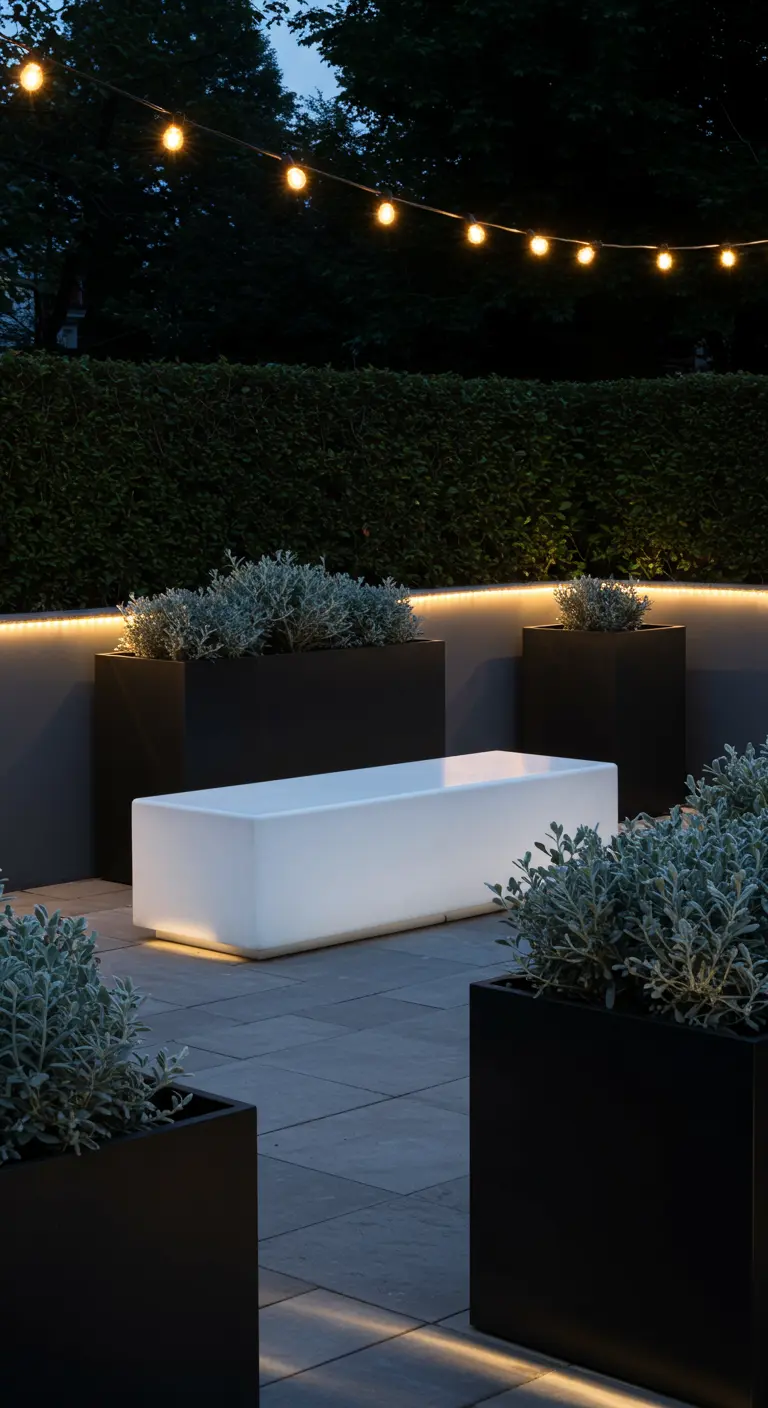 A modern patio at night with a glowing white bench and sleek black planters.