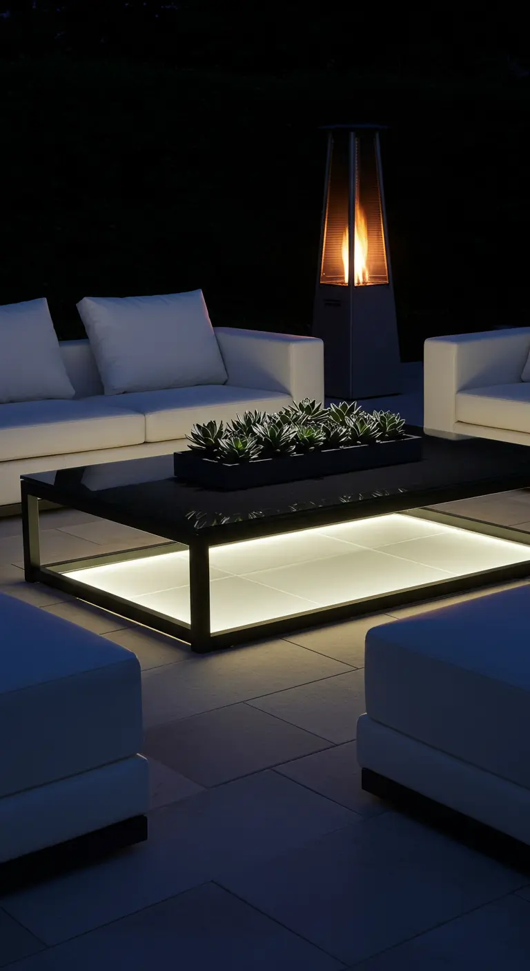 A modern patio at night with a coffee table that has a built-in light illuminating the lower shelf.