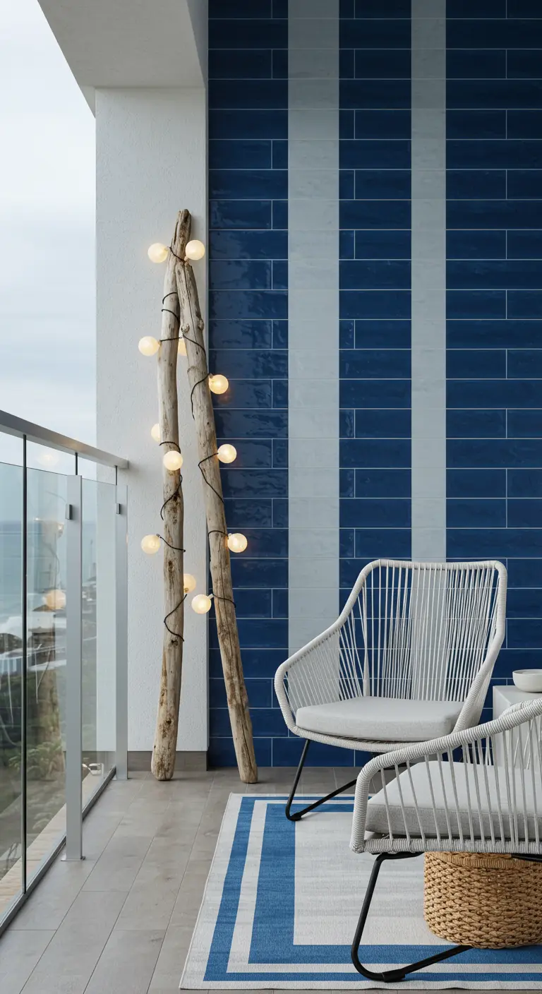 Two tall pieces of driftwood wrapped in globe string lights, standing on a balcony next to white chairs.